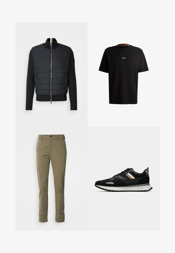 Čierna bunda s prešívaným predným dielom, vysokým golierom a zipsom. Vyrobená z izolačného materiálu, s rebrovanými manžetami a spodným okrajom, s elegantným dizajnom.; Čierne bavlnené tričko s okrúhlym výstrihom, krátkymi rukávmi a bielym logom "BOSS" umiestneným na hrudi. Hladká textúra, voľný strih.; Olivové zelené nohavice z bavlny s hladkou textúrou. Majú zapínanie na gombík, bočné vrecká a úzky strih.; Čierna bežecká obuv s textúrovaným povrchom, svetlošedými akcentmi a tromi horizontálnymi pruhmi v hnedej farbe. Obsahuje bielu polstrovanú podrážku.