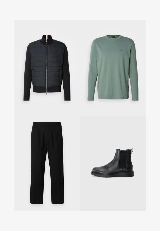 Mustas jope, millel on tikitud eesmine osa, kõrge kaelus ja tõmbluku sulgemine. Valmistatud isoleerivast materjalist, millel on soonilised mansetid ja ääred, omades samas stiilset disaini.; Heled rohelise pika varrukaga T-särk, mis on valmistatud pehmest kangast. Omab ümarat kaelust ja väikest "BOSS" logosid, mis on ära toodud rinna peal.; Mustadest kangast püksid, millel on sile kude, elastne vöökohus, sirge jala disain ja kaks esist pikendust, et lisada detaili.; Mustad mustad Chelsea saapad, millel on tekstuuriga viimistlus, elastsed külgtaskud ja vastupidav kummist tald. Discreetne bränding kontsapuntšel.