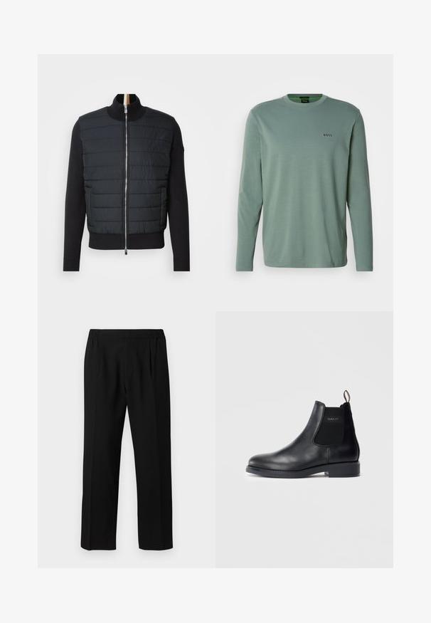 Svart jacka med kviltad front, hög krage och dragkedjestängning. Tillverkad av isolerande material med ribbade cuffs och nederkant, med en smidig design.; Ljusgrön långärmad t-shirt i mjukt tyg. Har en rund halsringning och en liten "BOSS"-logotyp broderad på bröstet.; Svarta byxor tillverkade av ett slätt tyg, med ett elastiskt midjeband, rak benform och två framfickor för extra detalj.; Svart läder Chelsea-boot med elastiska sidopaneler, låg klack, dragflik på hälen och GANT-logotyp på den yttre sidopanelen.