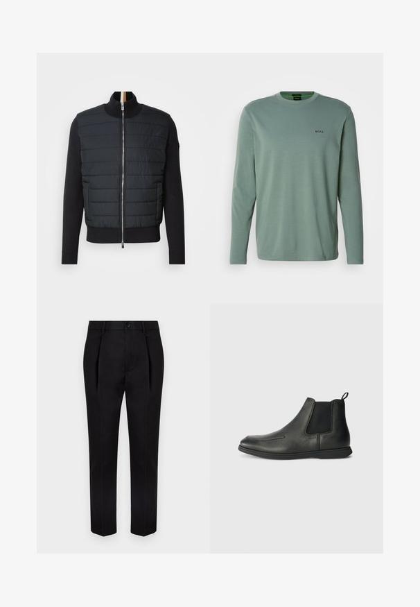 Czarna kurtka z pikowanym przodem, wysokim kołnierzem i zapięciem na zamek. Wykonana z materiału izolacyjnego, z dzianinowymi mankietami i dołem, charakteryzująca się eleganckim wyglądem.; Jasnozielona longsleeve z miękkiego materiału. Posiada okrągły dekolt i małe logo "BOSS" wyszyte na klatce piersiowej.; Czarne spodnie o dopasowanym kroju, z kantami i gładką fakturą. Pas posiada zapięcie na guzik dla pewnego dopasowania.; Czarne skórzane botki za kostkę o gładkiej fakturze, z elastycznymi bokami i pętelką z tyłu. Okrągły nos i gumowa podeszwa.