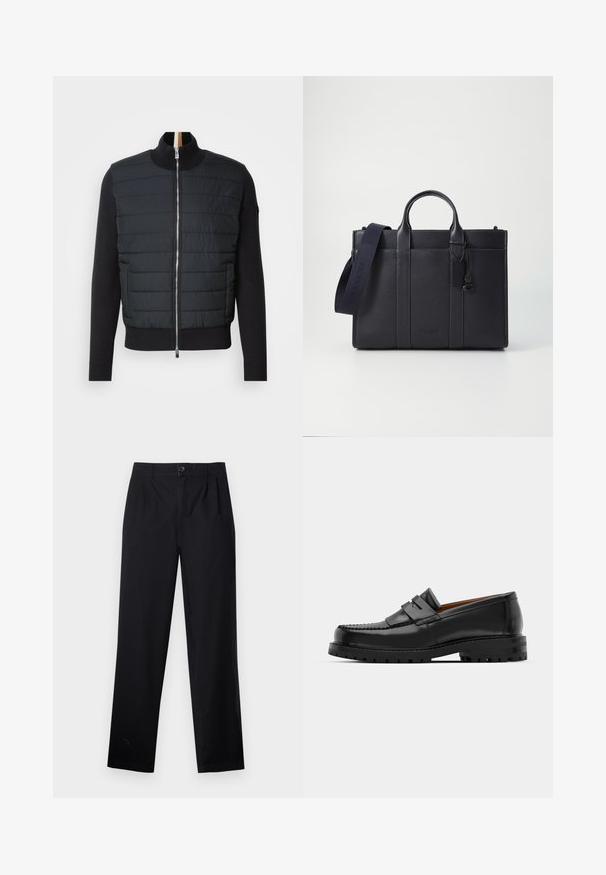 Mustas jope, millel on tikitud eesmine osa, kõrge kaelus ja tõmbluku sulgemine. Valmistatud isoleerivast materjalist, millel on soonilised mansetid ja ääred, omades samas stiilset disaini.; Heled rohelise pika varrukaga T-särk, mis on valmistatud pehmest kangast. Omab ümarat kaelust ja väikest "BOSS" logosid, mis on ära toodud rinna peal.; Mustad püksid sirge jala disainiga, varustatud vöödega, nööbiga sulgemisega ja kahe külgpleki detailiga, et lisada tekstuuri.; Mustad mustad nahast kingad on varustatud tõstetud õmblusega, kahe dekoratiivse rihmaga peal, ja paksu tekstuuriga tallaga paremaks haardeks.; Tumedat mere nahkbriefcase kahekordsete ülemiste käepidemetega ja eemaldatava rihmaga. Omab tekstureeritud viimistlust, vertikaalset õmblust ja logodetaili.