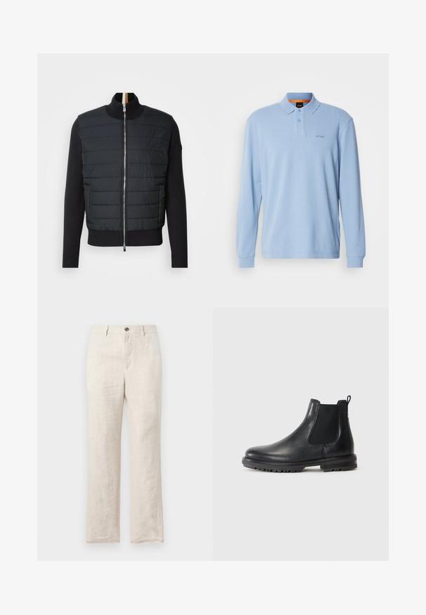 Veste noire avec un devant matelassé, un col montant et une fermeture zippée. Fabriquée en matériau isolant avec des poignets et un ourlet côtelés, elle présente un design élégant.; Chemise polo à manches longues bleu clair en tissu texturé avec un col et une patte de boutonnage à deux boutons, portant un logo "BOSS" brodé sur la poitrine.; Pantalons en lin dans une teinte beige clair, présentant une coupe droite, des poches avant et une fermeture à un bouton à la taille.; Botte Chelsea en cuir noir avec des panneaux élastiques sur les côtés, sangle de traction, bout arrondi et semelle robuste avec des rainures de traction.