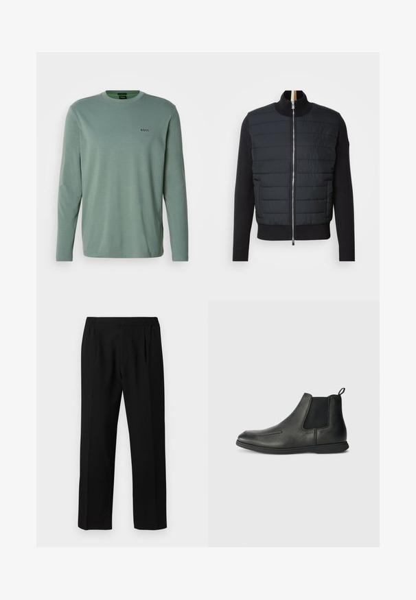 Schwarze Jacke mit gesteppter Front, hohem Kragen und Reißverschluss. Hergestellt aus isolierendem Material mit gerippten Bündchen und Saum, zeichnet sich durch ein elegantes Design aus.; Helles grünes Langarm-T-Shirt aus weichem Stoff. Verfügt über einen Rundhalsausschnitt und ein kleines, auf der Brust gesticktes "BOSS"-Logo.; Schwarze Hose aus einem glatten Stoff, mit einem elastischen Bund, geradem Bein und zwei Frontfalten für zusätzlichen Detail.; Schwarze Leder-Ankle-Boots mit glatter Textur, elastischen Seitenpanelen und einer Zuglasche auf der Rückseite. Rundspitze und Gummisohle.