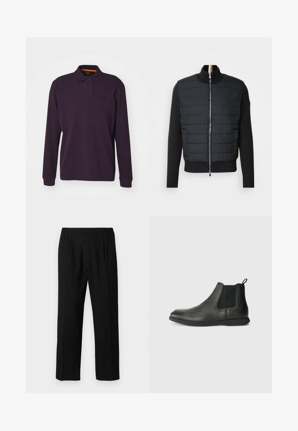 Fekete dzseki steppelt elemmel, magas gallérral és cipzáros záródással. Szigetelt anyagból készült, bordázott mandzsettákkal és alsó résszel, letisztult dizájnnal rendelkezik.; Lila hosszú ujjú pólóing, bordázott textúrával, két gombos kivágással és hímzett logóval a mellkason. Narancssárga színű díszítő rész a gallér belsejében.; Fekete nadrág sima anyagból, rugalmas derékrésszel, egyenes lábbal és két elülső pliszével a részletekhez.; Fekete bőrcsizma bokaig, sima textúrával, elasztikus oldalsó panelekből és hátsó húzófülből. Lekerekített orr és gumi talp.