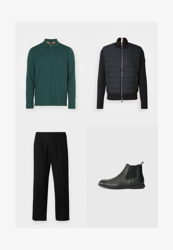 Sort jakke med quiltet front, høj krave og lynlåslukning. Fremstillet af isoleringsmateriale med ribbet manchetter og kant, der har et strømlinet design.; Langærmet polo shirt i mørkegrøn bomuld, med klassisk krave, to-knaps placket og et rektangulært logo-patch på brystet.; Sorte bukser lavet af et glat stof, med et elastisk taljebånd, lige ben-design og to frontfolder for ekstra detaljer.; Sorte læder ankelstøvler med en glat overflade, elastiske sidepaneler og en løkke bagpå. Rundet tå og gummisål.