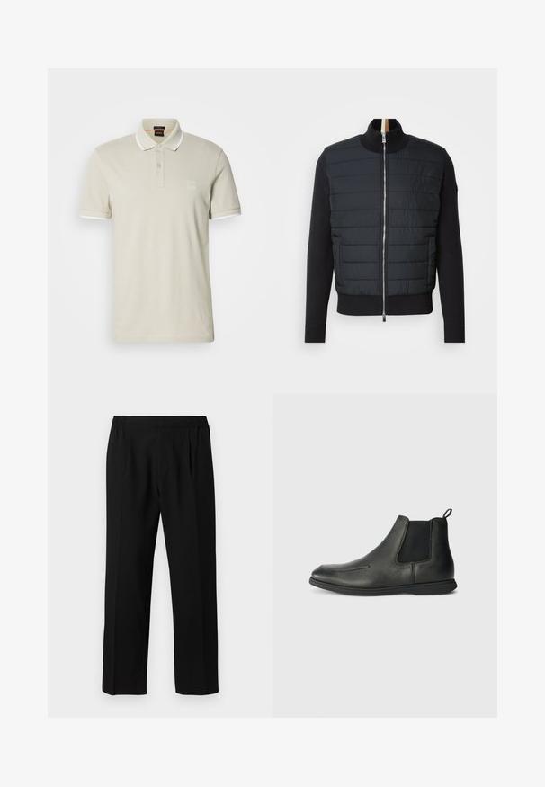 Jachetă neagră cu partea din față matlasată, guler înalt și închidere prin fermoar. Fabricată din material izolat, cu manșete și tiv cu nervuri, având un design elegant.; Tricou polo din bumbac bej deschis, cu guler și accente albe la mâneci, având o închidere cu două butoane și un patch cu logo pe piept.; Pantaloni negri dintr-un material neted, cu un brâu elastic, design cu picioare drepte și două pliuri frontale pentru un detaliu suplimentar.; Bocanci din piele neagră până la gleznă, cu o textură netedă, panouri laterale elastice și o bandă de tras la spate. Vârf rotund și talpă din cauciuc.