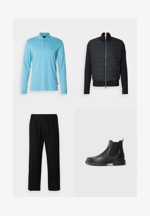 Svart jakke med quiltet front, høy krage og glidelås. Laget av isolert materiale med ribbede mansjetter og kant, med en slank design.; Lyseblå langermet polo skjorte laget av mykt materiale, med klassisk krage, tre knapper og en liten logo på brystet.; Svarte bukser laget av et glatt stoff, med elastisk liv, rett ben-design og to frontfold for ekstra detaljer.; Sorte skinn Chelsea-støvler med elastiske sider, bærestropp, avrundet tå og robust såle med grep-groove.