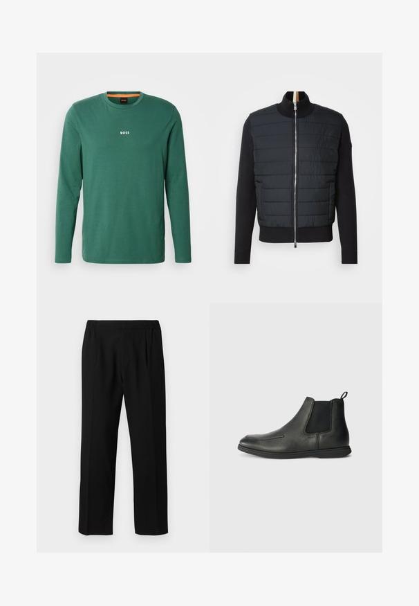 Black jacket with a quilted front, high collar, and zip closure. Made of insulated material with ribbed cuffs and hem, featuring a sleek design.; Long-sleeve green T-shirt made of cotton with a crew neck, featuring a white "BOSS" logo on the chest and orange inner neck detailing.; Black trousers made of a smooth fabric, featuring an elastic waistband, straight leg design, and two front pleats for added detail.; Black leather ankle boots with a smooth texture, elastic side panels, and a pull tab at the back. Rounded toe and rubber sole.