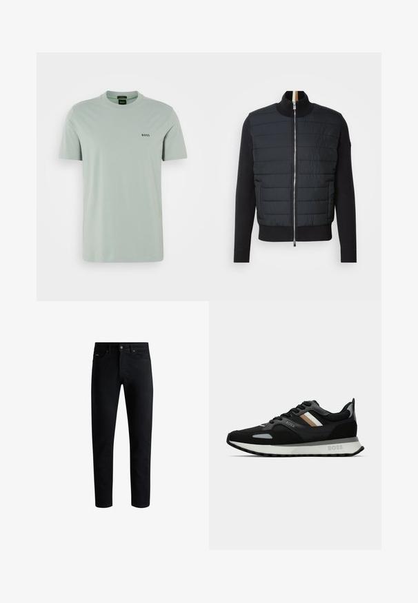 Černá bunda s prošívaným předním dílem, vysokým límcem a zipovým uzávěrem. Vyrobena z izolačního materiálu s žebrovanými manžetami a lemem, s elegantním designem.; Světlě zelené bavlněné tričko s krátkými rukávy a kulatým výstřihem. Na hrudi se nachází černé logo "BOSS". Hladká textura.; Černé slim-fit džíny s pěti kapsami, zapínáním na knoflík a poutek na opasek, vystavené na bílém pozadí.; Černá běžecká obuv s texturovaným povrchem, světle šedými akcenty a třemi vodorovnými pruhy v hnědé. Obsahuje bílou polstrovanou podešev.