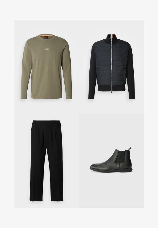 Black jacket with a quilted front, high collar, and zip closure. Made of insulated material with ribbed cuffs and hem, featuring a sleek design.; Long-sleeve, olive green T-shirt made of soft fabric with a round neckline and white "BOSS" logo on the chest. Smooth texture.; Black trousers made of a smooth fabric, featuring an elastic waistband, straight leg design, and two front pleats for added detail.; Black leather ankle boots with a smooth texture, elastic side panels, and a pull tab at the back. Rounded toe and rubber sole.