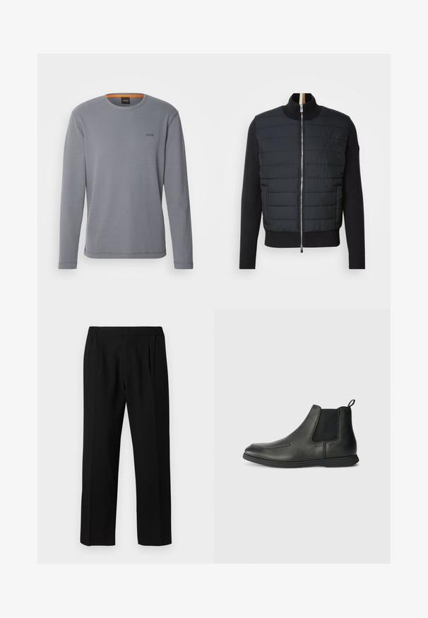 Černá bunda s prošívaným předním dílem, vysokým límcem a zipovým uzávěrem. Vyrobena z izolačního materiálu s žebrovanými manžetami a lemem, s elegantním designem.; BOSS TEMPESTO - Top s dlouhým rukávem - dark grey; Černé kalhoty vyrobené z hladké tkaniny, s elastickým pasem, rovnými nohavicemi a dvěma předními záhyby pro zvýšení detailu.; Černé kožené kotníkové boty s hladkým povrchem, elastickými bočními panely a poutkem na zadní straně. Oblý špička a gumová podrážka.
