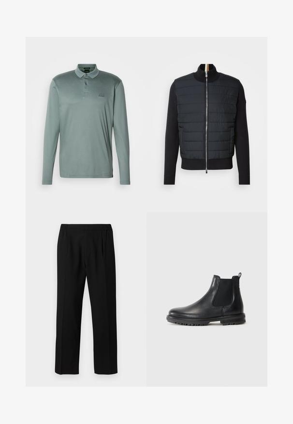 Sort jakke med quiltet front, høj krave og lynlåslukning. Fremstillet af isoleringsmateriale med ribbet manchetter og kant, der har et strømlinet design.; Langærmet polo skjorte i en dæmpet grøn stof. Har krave, tre-knap lukning og et broderet logo på brystet.; Sorte bukser lavet af et glat stof, med et elastisk taljebånd, lige ben-design og to frontfolder for ekstra detaljer.; Sort læder Chelsea-støvle med elastiske sidepaneler, strop, rund tå og robust sål med grebsgroove.