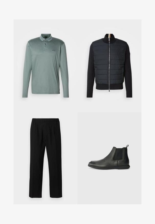 Sort jakke med quiltet front, høj krave og lynlåslukning. Fremstillet af isoleringsmateriale med ribbet manchetter og kant, der har et strømlinet design.; Langærmet polo skjorte i en dæmpet grøn stof. Har krave, tre-knap lukning og et broderet logo på brystet.; Sorte bukser lavet af et glat stof, med et elastisk taljebånd, lige ben-design og to frontfolder for ekstra detaljer.; Sorte læder ankelstøvler med en glat overflade, elastiske sidepaneler og en løkke bagpå. Rundet tå og gummisål.