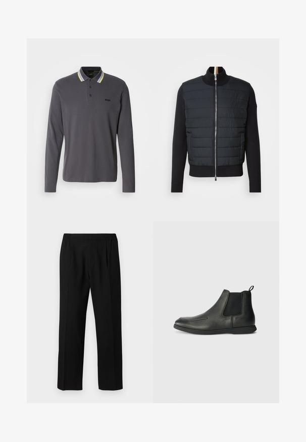 Črna jakna z qiltanim sprednjim delom, visokim ovratnikom in zadrgo. Narejena iz izolativnega materiala z rebrastimi manšetami in obodom, ki se ponaša z elegantnim dizajnom.; Polo s dolgimi rokavi v temno sivi barvi z kontrastnim ovratnikom, ki ima bele, sive in neonsko rumene črte. Majhen vezeni logotip na prsih.; Črne hlače iz gladkega materiala, z elastiko v pasu, ravnim krojem nog in dvema prednjima pregiboma za dodaten poudarek.; Črne usnjene gležnjarje z gladko teksturo, elastičnimi stranskimi paneli in zanko na zadnji strani. Okrogla konica in gumijast podplat.