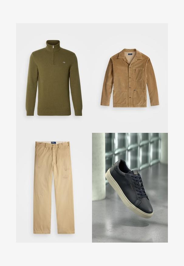 Kordfløyelsjakke i tan med kragehals, front lukking med knapper og to store lommer. Inkluderer en brystlomme og logodetaljer.; GANT CASUAL HALF ZIP - Strikkegenser - juniper green; Beige bomullsbukser med rett snitt. Har slitte lapper og broderte detaljer foran. Klassisk knapp- og glidelås-lukking.; Marineblå lærersneakers med rund tå, flade snørebånd og tekstureret sål; har logo på tungen, kontrasteret af en cremefarvet ydersål.