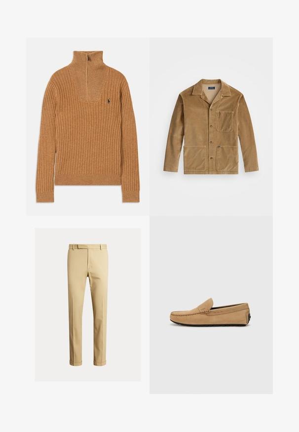 Barna kordbársony dzseki, galléros nyakkal, elöl gombos záródással és két nagy zsebbel. Tartalmaz egy mellzsebbel és logó részlettel is rendelkezik.; Barna bordás pulóver magas gallérral, negyedcipzárral és kis logóval a mellkasán. Puha tapintás, testhezálló fazon, hosszú ujjak.; Kaki chino nadrág, sima pamutból készült, fitted fazonú, elöl fodrokkal és bokánál szűkített kialakítással.; Beige színű nubuk mokaszin cipő, varrott orral, slip-on kialakítással és fekete gumitalppal. Diszkrét logó található az oldalon.