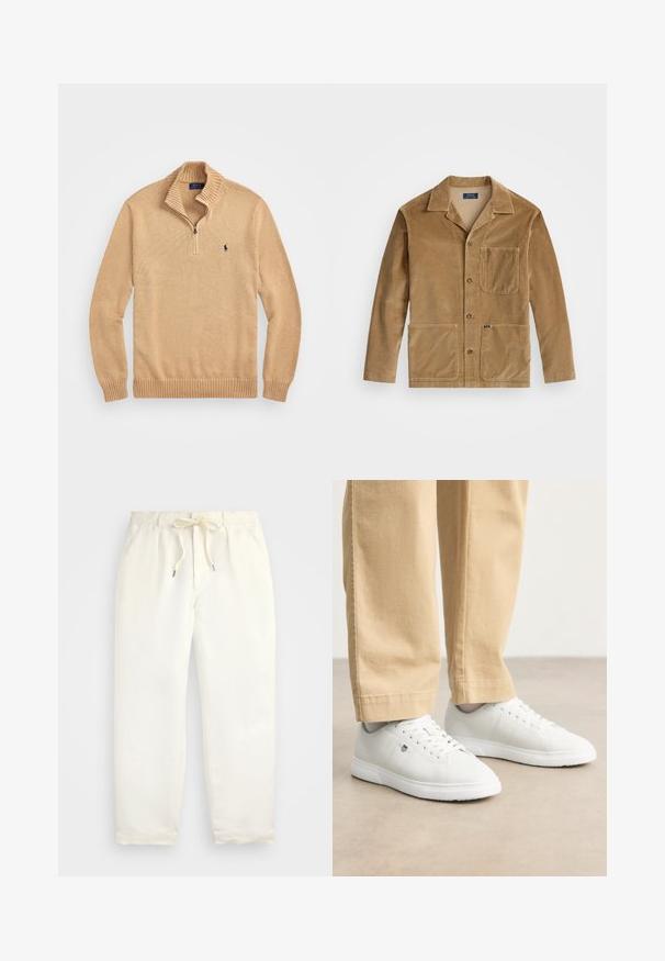 Μπεζ καμπαρντίνα από χοντρό ύφασμα με γιακά, κουμπώσει μπροστά και δύο μεγάλα τσέπες. Περιλαμβάνει μια τσέπη στο στήθος και λεπτομέρεια με λογότυπο.; Μπεζ πουλόβερ με πλέξη και κολάρο με φερμουάρ μέχρι το ένα τέταρτο, ριμπ μανσέτες και στρίφωμα. Διαθέτει ένα μικρό ναυτικό λογότυπο στην αριστερή πλευρά του στήθους.; Απαλή κρέμα, χαλαρές παντελόνες φτιαγμένες από μαλακό ύφασμα. Διαθέτουν ελαστική μέση με κορδόνι, και σχέδιο κωνικού ποδιού.; Λευκά δερμάτινα sneakers με ομαλή φινίρισμα, με στρογγυλή μύτη, σχέδιο με κορδόνια και διακριτική λεπτομέρεια με λογότυπο στο πλάι, συνδυασμένα με μπεζ παντελόνι.