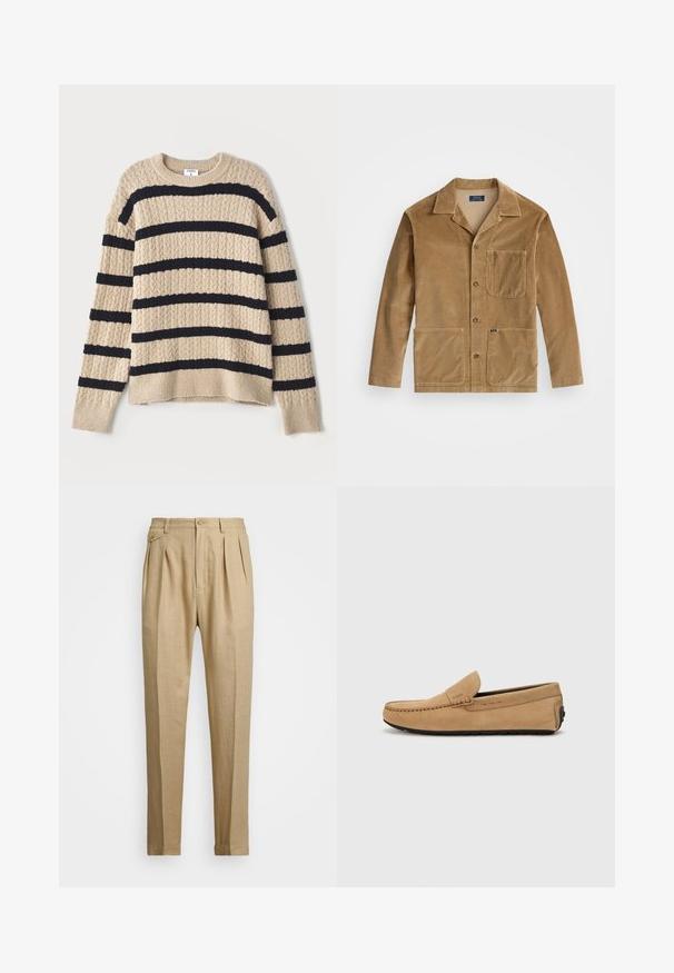 Jachetă dinterț cord cu nuanță de bej, cu guler, închidere frontală cu nasturi și două buzunare mari. Include un buzunar pe piept și detalii cu logo.; Pulover tricotat bej cu dungi orizontale de un albastru închis, având un model texturat și manșete cu tiv. Guler rotund și croială lejeră.; Pantaloni din in bej cu croi drept, având două pliuri frontale, închidere cu nasture și buzunare laterale. Material texturat cu un finisaj neted.; Mocasin din suede bej, cu vârf cusut, design slip-on și talpă din cauciuc negru. Prezintă un branding subtil pe lateral.
