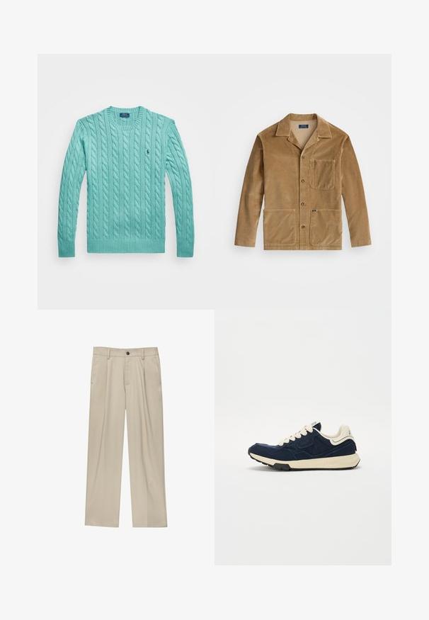Kordjacka i beige med krage, framknappning och två stora fickor. Inkluderar en bröstficka och logotydlighet.; Ljus turkos kabelstickad tröja med rund halsringning och ribbad nederkant. Inkluderar en liten broderad logotyp på bröstet.; Beiga byxor med rak passform, utrustade med en enda svart knapp, bältesöglor och sidofickor. Slät tygkänsla och minimalistisk design.; Mörkblå sneaker med en texturerad mockaovandel, krämfärgade snören och en beige mellansula. Har en klassisk atletisk design och gummisula.