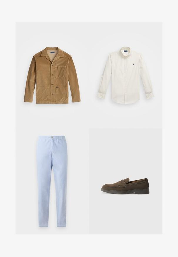 Kordjacka i beige med krage, framknappning och två stora fickor. Inkluderar en bröstficka och logotydlighet.; Vit långärmad skjorta i bomull med krage som knäpps, en bröstficka och en liten marinblå logga på vänster sida.; Ljusblå, lätta byxor med elastisk midja, med knappdetalj framtill och rak skärning. Slät textur, inga synliga mönster.; Brun mockasnär med rund tå, ett rem över framfoten och en platt gummisula. Enkelt design med rena linjer och minimal detaljering.