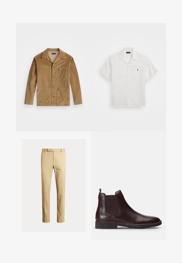 Béžová manšestrová bunda s límcem, zapínáním na tlačítka vpředu a dvěma velkými kapsami. Obsahuje také náprsní kapsu a detail s logem.; Bílá krátká košile s krátkým rukávem vyrobená z lnu. Obsahuje zapínání na knoflíky vpředu, kapsu na levé straně hrudi a malý vyšívaný detail loga.; Khaki chinos vyrobené z hladké bavlněné tkaniny, s přiléhavým střihem, předními puky a náplety na kotnících pro zúžený vzhled.; Hnědé kožené chelsea boty s elastickými postranními panely, zaoblenou špičkou a nízkým podpatkem. Detailní prošívání podél podrážky.