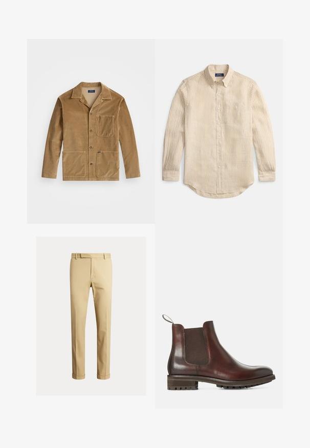 Kordfløyelsjakke i tan med kragehals, front lukking med knapper og to store lommer. Inkluderer en brystlomme og logodetaljer.; Beige langermet skjorte med knapper, hvite vertikale striper, knappelukking på kragen, brystlomme og "Polo Ralph Lauren"-etikett på innsiden av kragen.; Kaki chinos laget av glatt bomullsstoff, med en tettsittende design, frontplisseringer og mansjetter ved ankelen for en smalere look.; Brune lær Chelsea-støvler med elastiske sidepaneler, skaft, og teksturert gummisåle. Glatt overflate med solid lav hæl.