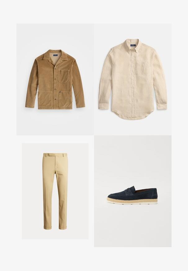 Corduroy jacket in tan with a collared neckline, front button closure, and two large pockets. Includes a chest pocket and logo detail.; Beige long-sleeve button-up shirt with white vertical stripes, button-down collar, chest pocket, and "Polo Ralph Lauren" label inside collar.; Khaki chinos made of smooth cotton fabric, featuring a fitted design, front pleats, and cuffs at the ankle for a tapered look.; Navy suede slip-on loafers with a lightweight white rubber sole and woven jute detailing along the edge; smooth texture and simple design.