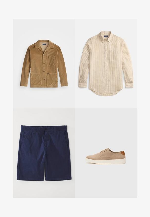 Kamelitooni kootud jope, millel on kaelus, esi-nuppude sulgemine ja kaks suurtTaskut. Sisaldab rinna taskut ja logo detaili.; Beežika pika varrukaga nööpidega särk valgete vertikaalsete triipudega, nööbitava krae, rinnatasku ja krae sees oleva "Polo Ralph Lauren" sildiga.; Tumedatehised puuvillased lühikesed püksid otse lõikega, millel on vööpaelade jaoks silmad, esi-nuppude sulgemine ja kaks kül pocketit. Sile tekstuur.; Beežid nahast tossud ümarate varvastega, paeltega esiosa ja tekstuuriga tagakontuuriga. Valge kummist tallapakkumine loob kontrasti. Lihtne ja kaasaegne disain.