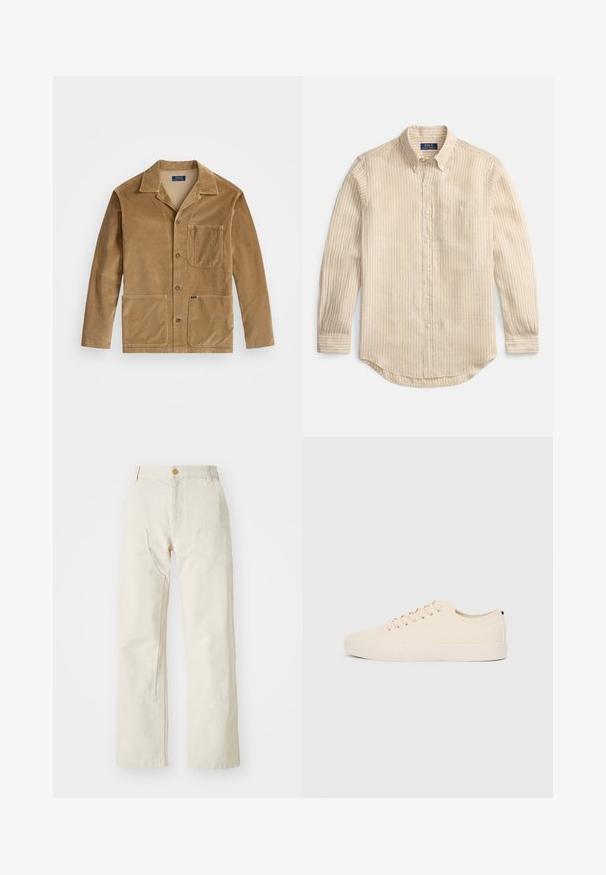 Casaco de corduroy em tom bege com gola, fecho frontal por botões e duas grandes bolsos. Inclui um bolso no peito e detalhe do logotipo.; Camisa bege de manga comprida com botões, riscas verticais brancas, gola com botões, bolso no peito e etiqueta "Polo Ralph Lauren" no interior da gola.; Calças largas bege feitas de algodão, com fecho de botão, dois bolsos laterais e um corte reto, com uma textura suave.; Sapatilhas de lona bege com biqueira redonda, sola de borracha plana e atacadores à frente. Apresentam um design minimalista e um detalhe preto contrastante no calcanhar.