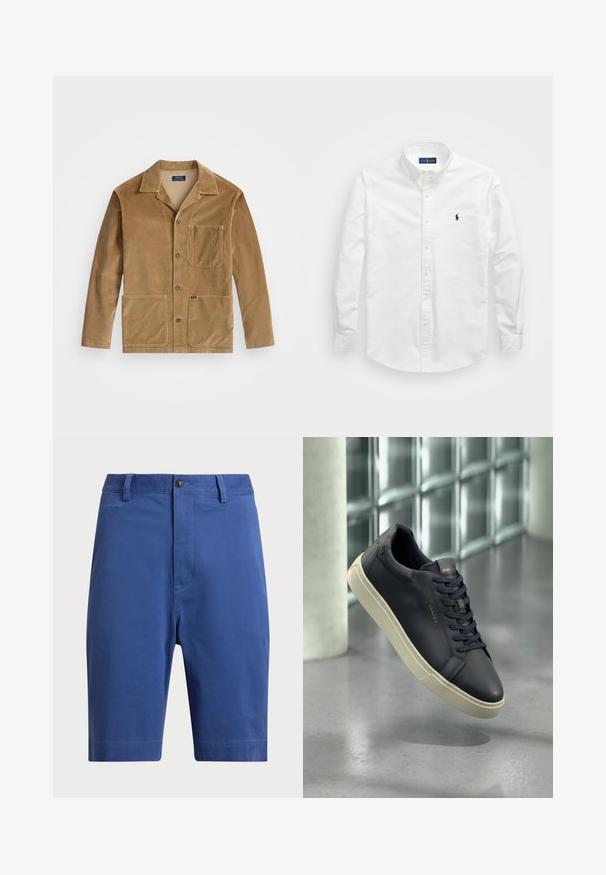 Μπεζ καμπαρντίνα από χοντρό ύφασμα με γιακά, κουμπώσει μπροστά και δύο μεγάλα τσέπες. Περιλαμβάνει μια τσέπη στο στήθος και λεπτομέρεια με λογότυπο.; Λευκό πουκάμισο με κουμπιά φτιαγμένο από βαμβάκι. Διαθέτει μυτερό γιακά, μακριά μανίκια και μικρό ναυτικό λογότυπο στο στήθος. Λείο υλικό.; Μπλε βαμβακερές βερμούδες με επίπεδο μπροστινό μέρος, κλείσιμο με έναν μόνο κουμπί και θηλιές ζώνης. Ευθύς κόψιμο στα πόδια χωρίς ορατά σχέδια ή διακοσμητικά στοιχεία.; Σκάφος αθλητικό παπούτσι από δέρμα σε navy χρώμα, με στρογγυλή μύτη, επίπεδους κορδόνια και υφή στη σόλα; διαθέτει λογότυπο στη γλώσσα του, αντίθετο με τη κρέμα-χρωματισμένη σόλα.