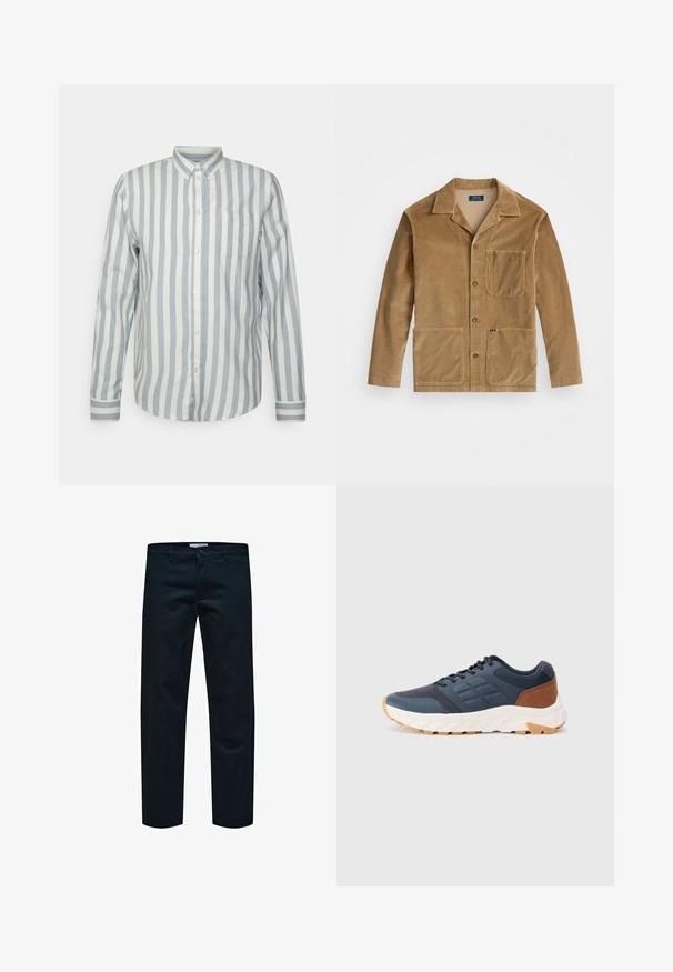 Corduroy jacket in tan with a collared neckline, front button closure, and two large pockets. Includes a chest pocket and logo detail.; Button-up shirt in light blue and off-white stripes. Features a classic collar, long sleeves, and a chest pocket. Soft fabric, relaxed fit.; Black cotton trousers with a straight-leg design, featuring a simple button closure and standard pockets. Smooth texture and no visible patterns.; Navy blue athletic shoes with a brown heel accent, textured mesh upper, padded collar, and white rubber sole with a patterned tread.