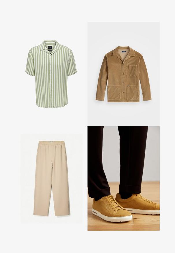Jachetă dinterț cord cu nuanță de bej, cu guler, închidere frontală cu nasturi și două buzunare mari. Include un buzunar pe piept și detalii cu logo.; Cămașă cu mânecă scurtă, cu dungi în verde deschis și alb. Dispune de un guler clasic și deschidere cu nasturi, cu o croială lejeră. Textura materialului este netedă.; Pantaloni bej cu croi larg, cu un brêu elastic, confecționați dintr-un material moale, având o textură netedă și detalii de cusătură minime.; Adidași galbeni cu nervuri și talpă albă, având vârful rotund, design cu șireturi și suprafață texturată, purtați cu pantaloni negri cu manșete pe o podea din lemn.