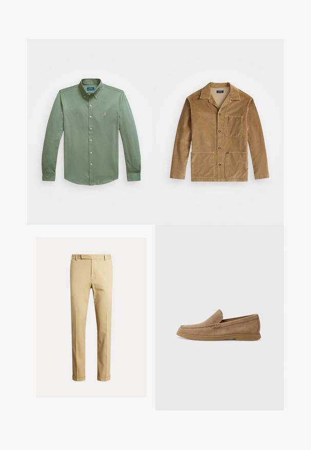 Varinės spalvos kordūroji striukė su apykakle, priekyje užsegama mygtukais ir dviem didelėmis kišenėmis. Taip pat turi krūtinės kišenę ir logotipo detalę.; Ilgais rankovės mygtukų marškiniai alyvuogių žalios spalvos medvilnės, su smailiu apykakle, priekine mygtukų juostele ir mažuoju logotipu ant krūtinės.; Kaki chinos, pagaminti iš lygaus medvilnės audinio, turintys prigludusį siluetą, priekinę klostę ir manžetę ties kulkšnimis, siekiant siauresnio vaizdo.; Rudi šviesios odos slip-on loaferiai su lygiu paviršiumi ir siuvinėjimu; turi guminį pado sluoksnį, užtikrinantį sukibimą.