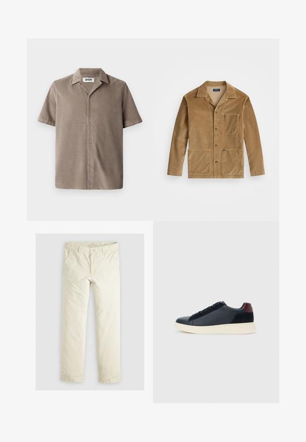 Béžová manšestrová bunda s límcem, zapínáním na tlačítka vpředu a dvěma velkými kapsami. Obsahuje také náprsní kapsu a detail s logem.; Košile s krátkým rukávem ze světle hnědého kordu, s krajkovým límcem, předním zapínáním na knoflíky a uvolněným střihem s jemnou strukturou.; Svetlé béžové volné kalhoty s třemi kapsami, poutky na opasek a rovnými nohavicemi. Vyrobeno z měkké směsi bavlny.; Nízké pánské tenisky z černé kůže a semiše s vínovým patním páskem a bílou gumovou podrážkou, pohled z vnější strany.