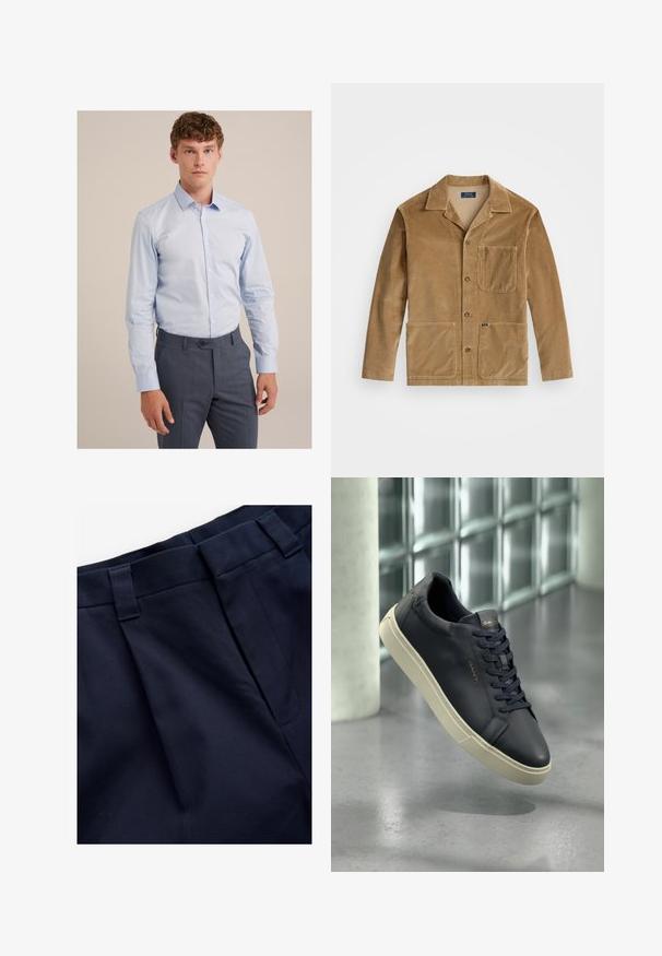 Väskjacka i tan med krage, framknäppning och två stora fickor. Inkluderar en bröstficka och logotypdetalj.; Vaaleansininen nappi kauluspaita, joka on valmistettu sileästä puuvillasta, pitkät hihat ja terävä kaulus, yhdistetty tummanharmaisiin istuviin housuihin.; Navy-harmaat pleidatut housut, joissa on sileä, teksturoitu kangas. Ominaisuuksiin kuuluu litteä vyötärönauha ja vyölenkit, jotka on suunniteltu mukavuutta ja istuvuutta varten.; Laivansinen nahkakengät, joissa on pyöristetty kärki, tasaiset nauhat ja teksturoitu pohja; varustettu logolla kielekkeessä, jota korostaa kermaisen värinen ulkopohja.