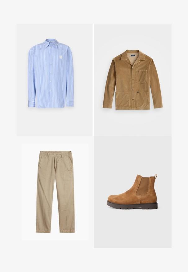 Katoenen jack in tan met een kraag, sluiting met knopen aan de voorkant en twee grote zakken. Inclusief een borstzak en logo-detail.; Lichtblauwe gestreepte shirt van katoen, met een puntige kraag, sluiting met knopen aan de voorkant en geborduurde 'N' logo. Lange mouwen met manchetten.; Beige rechte pijpen chinos met riemlussen, voorkant met knoop en rits sluiting, en schuine voorzakken.; Bruine suède Chelsea-boot met elastische zijkanten en zwarte rubberen lugzool, getoond in rechterprofiel op een witte achtergrond.