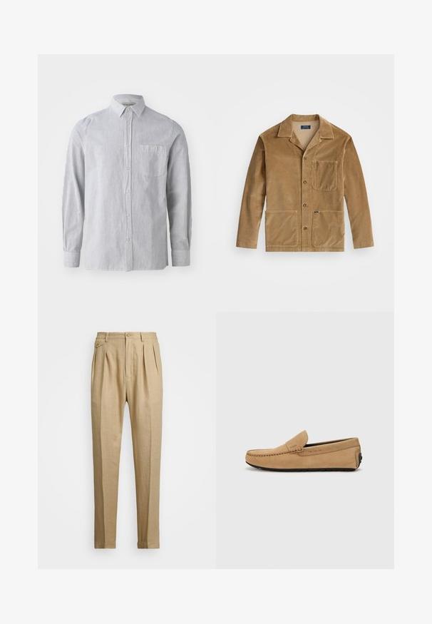 Katoenen jack in tan met een kraag, sluiting met knopen aan de voorkant en twee grote zakken. Inclusief een borstzak en logo-detail.; Gestreepte overhemd in lichtgrijs en wit, gemaakt van katoen, met lange mouwen, een enkele borstzak, een klassieke kraag en een rechte zoom.; Beige linnen broek met een rechte snit, voorzien van twee voorplooien, een knoopsluiting en zijzakken. Gestructureerde stof met een gladde afwerking.; Beige suède moccasin met een gestikte neus, instapontwerp en zwarte rubberen zool. Heeft subtiele branding aan de zijkant.