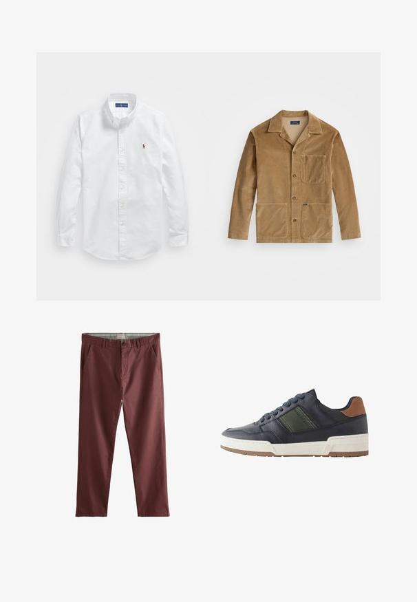 Kamelitooni kootud jope, millel on kaelus, esi-nuppude sulgemine ja kaks suurtTaskut. Sisaldab rinna taskut ja logo detaili.; Valge puuvillane nööbiga särk klassikalise kraega, pikkade varrukatega ja väike brodeeritud logo vasakul rinnal.; Burgundi värvi puuvillased chinod, millel on lame eesmine osa, kaks küljetaskut ja nööbiga sulgemine. Sujuv tekstuur ja hästi istuv lõige.; Tumes sinine nahkne toss roheline aktsentriibuga, valge vaheplaat ja pruun konts. Omab ümarat varvast ja tekstureeritud kummist salv.