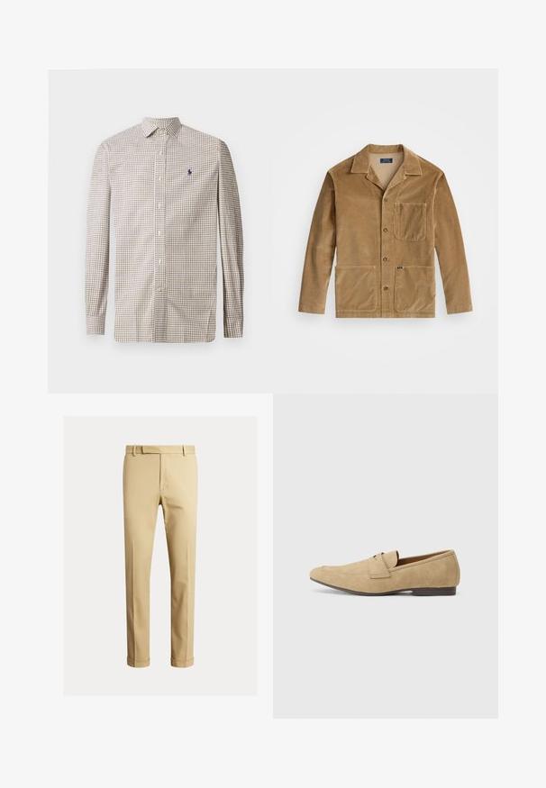 Kordfløyelsjakke i tan med kragehals, front lukking med knapper og to store lommer. Inkluderer en brystlomme og logodetaljer.; Langærmet skjorte med knaplukning i beige og brun ternet mønster og lille broderet marineblå logo på venstre bryst.; Kaki chinos laget av glatt bomullsstoff, med en tettsittende design, frontplisseringer og mansjetter ved ankelen for en smalere look.; Beige mokkasiner i semsket skinn med en lett glans, med rund tå, slip-on design og en lav brun hæl. Diskret sømdetalj.