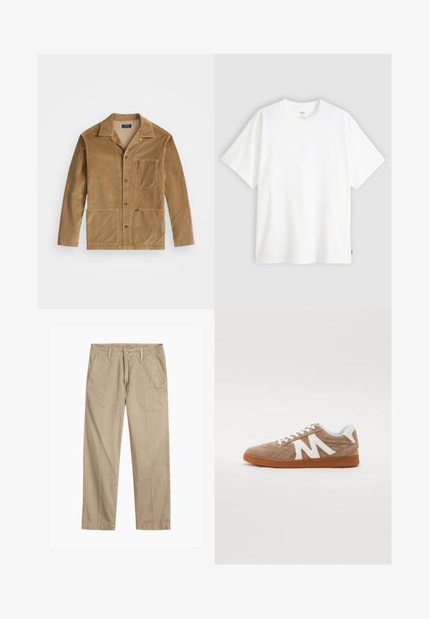 Wolljacke in Beige mit kragenförmigem Ausschnitt, frontaler Knopfverschluss und zwei großen Taschen. Beinhaltet eine Brusttasche und ein Logodetail.; Weißes T-Shirt mit kurzen Ärmeln aus Baumwolle und rundem Halsausschnitt. Besitzt ein dezentes, geprägtes Logo-Detail auf der Vorderseite und ein rotes Etikett am Saum.; Beige gerade geschnittene Chinos mit Gürtelschlaufen, vorderem Knopf- und Reißverschlussverschluss sowie schrägen Fronttaschen.; Schnürsneaker mit einem Obermaterial aus braunem Wildleder, weißen Stoffakzenten, gestepptem Design und einer braunen Gummisohle. Verfügt über ein auffälliges "M"-Logo.