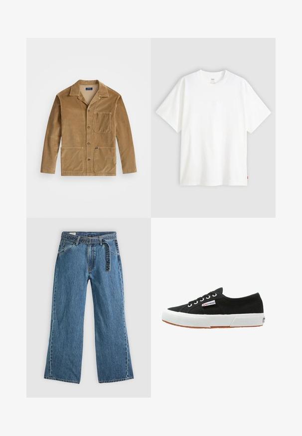 Corduroy jacket in tan with a collared neckline, front button closure, and two large pockets. Includes a chest pocket and logo detail.; White short-sleeve t-shirt made of cotton with a crew neck. Features subtle embossed logo detail on the front and a red label at the hem.; Blue denim wide-leg jeans with attached belt, front pockets, and visible stitching on a plain light background.; Black canvas sneaker with white rubber sole and brown gum outsole. Features round toe, lace-up design, and small logo tag on side.