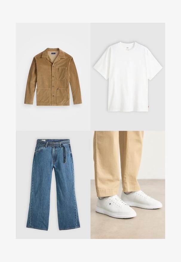 Giacca in corduroy color sabbia con colletto, chiusura anteriore con bottoni e due ampie tasche. Include una tasca sul petto e dettagli con logo.; T-shirt bianco a maniche corte in cotone con collo rotondo. Presenta un discreto dettaglio logo in rilievo sulla parte frontale e un'etichetta rossa sull'orlo.; Jeans in denim blu con gamba larga, cintura attaccata, tasche laterali e cuciture visibili su uno sfondo chiaro e uniforme.; Sneakers in pelle bianca con finitura liscia, dotati di punta rotonda, chiusura con lacci e dettaglio logo discreto sul lato, abbinati a pantaloni beige.