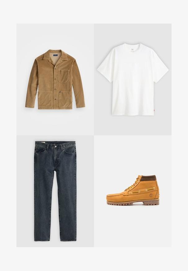 Kordjacka i beige med krage, framknappning och två stora fickor. Inkluderar en bröstficka och logotydlighet.; Vit kortärmad t-shirt i bomull med rund halsringning. Har en subtil präglad logotypdetalj framtill och en röd etikett vid fållen.; Mörkblå denimjeans med rak bendesign, fem fickor och knappgylf. Tyget har en subtil blekning och textur.; Timberland AUTHENTIC 7 EYE - Snörstövletter - wheat