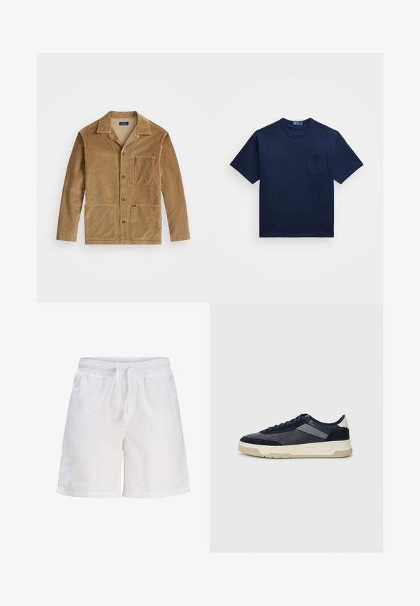 Wolljacke in Beige mit kragenförmigem Ausschnitt, frontaler Knopfverschluss und zwei großen Taschen. Beinhaltet eine Brusttasche und ein Logodetail.; Marineblaues Baumwoll-T-Shirt mit Rundhalsausschnitt, kurzen Ärmeln und einer Brusttasche auf der linken Seite. Glatte Textur mit klassischem Schnitt.; Weiße Baumwollshorts mit elastischem Bund und Kordelzug. Sie zeichnen sich durch eine lockere Passform und seitliche Eingrifftaschen aus.; BOSS BALTIMORE - Sneaker low - open blue