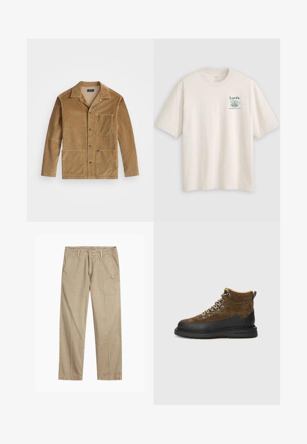 Corduroy jacket in tan with a collared neckline, front button closure, and two large pockets. Includes a chest pocket and logo detail.; White cotton t-shirt with short sleeves, featuring a green Lev's logo and text on the left chest. Relaxed fit, smooth texture.; Beige straight-leg chinos with belt loops, front button and zipper closure, and slant front pockets.; Brown suede hiking boot with black rubber sole, round toe, and green laces. Features a padded collar and pull tab for easy wear.
