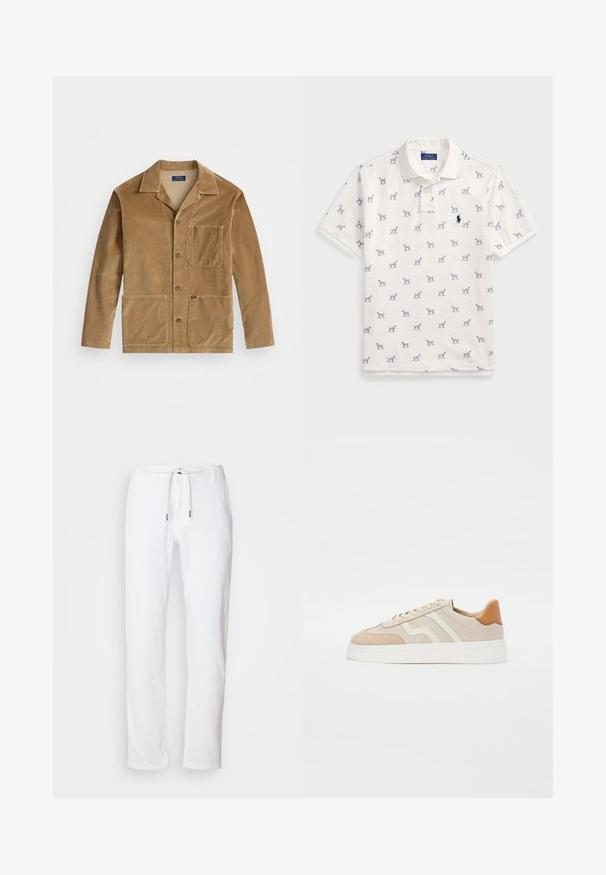 Corduroy jacket in tan with a collared neckline, front button closure, and two large pockets. Includes a chest pocket and logo detail.; White polo shirt made of cotton, featuring a repeated blue dog pattern and a small blue logo on the chest. Short sleeves and collar.; White linen trousers with a relaxed fit, drawstring waist, and subtle texture. Features straight legs and metal tips on the drawstring.; Beige sneakers with a combination of smooth leather and suede materials. Features white accents, flat laces, and a slight platform sole.
