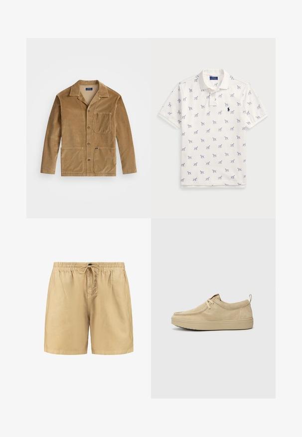 Kavbojka iz kordura v bež barvi z ovratnikom, sprednjim gumbom in dvema velikima žepoma. Vključuje tudi žep na prsih in podrobnost z logotipom.; Bela polo majica iz bombaža, ki vsebuje ponovljen modri vzorec psov in majhen modri logotip na prsih. Kratki rokavi in ovratnik.; Bež hlače s elastičnim pasom in vrvico. Narejene so iz lahkega materiala z gladko teksturo. Enostaven dizajn, brez vzorcev.; Bež zamškasti slip-on čevlji s zaobljenim nosom, minimalnim šivom in gumijastim podplatom. Mehka tekstura z diskretnim logotipom na peti.