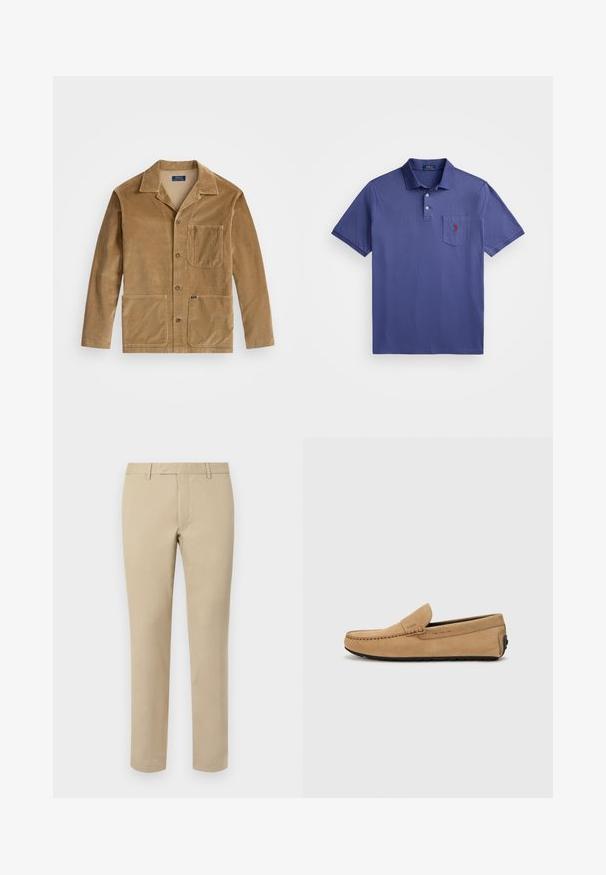 Kordfløyelsjakke i tan med kragehals, front lukking med knapper og to store lommer. Inkluderer en brystlomme og logodetaljer.; Lilla polo-skjorte laget av bomull, med en tre-knapps placket, kortermede ermer, og en brystlomme med rødt logo-broderi.; Beige bomullsbukser med rett snitt, med beltehemper, flat front og skreddersydde nederkanter. Jevn tekstur og minimal detaljering.; Beige semsket moccasins med sydd tå, slip-on design og svart gummisåle. Har subtil merking på siden.
