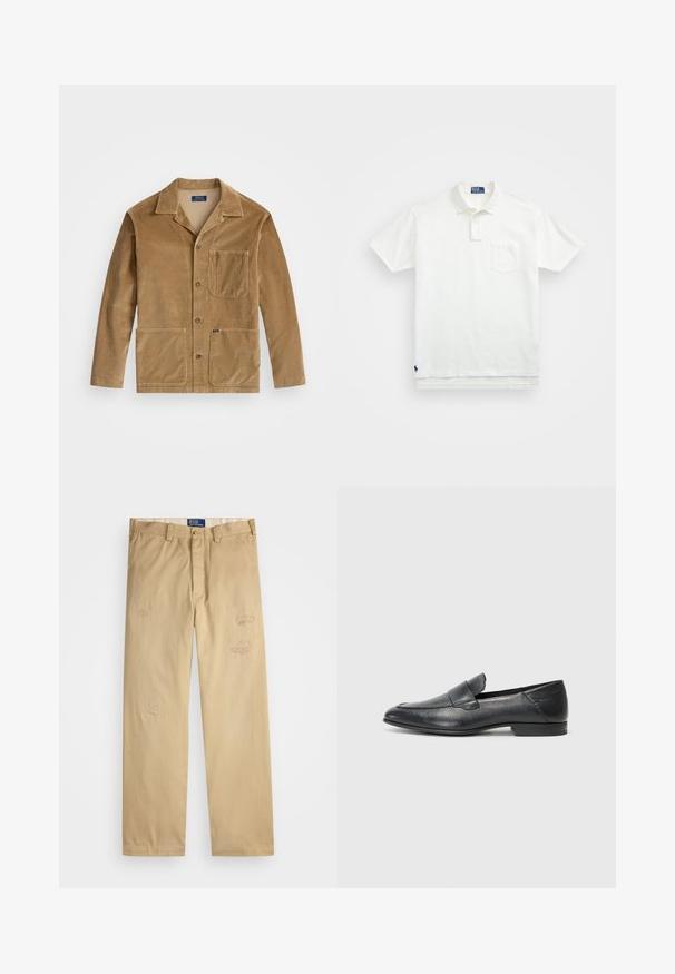 Barna kordbársony dzseki, galléros nyakkal, elöl gombos záródással és két nagy zsebbel. Tartalmaz egy mellzsebbel és logó részlettel is rendelkezik.; Fehér pólóing, pamutból készült, klasszikus gallérral, háromgombos végigfutóval és bal oldali zsebével; kis logó a szegélyen.; Beige színű pamut nadrág egyenes szabással. Elöl koptatott foltokkal és hímzett részletekkel rendelkezik. Klasszikus gombos és cipzáros záródás.; Fekete bőr mokaszin cipő sima felszínen, alacsony sarokkal és slip-on dizájnnal, elöl kiemelkedő varrással.