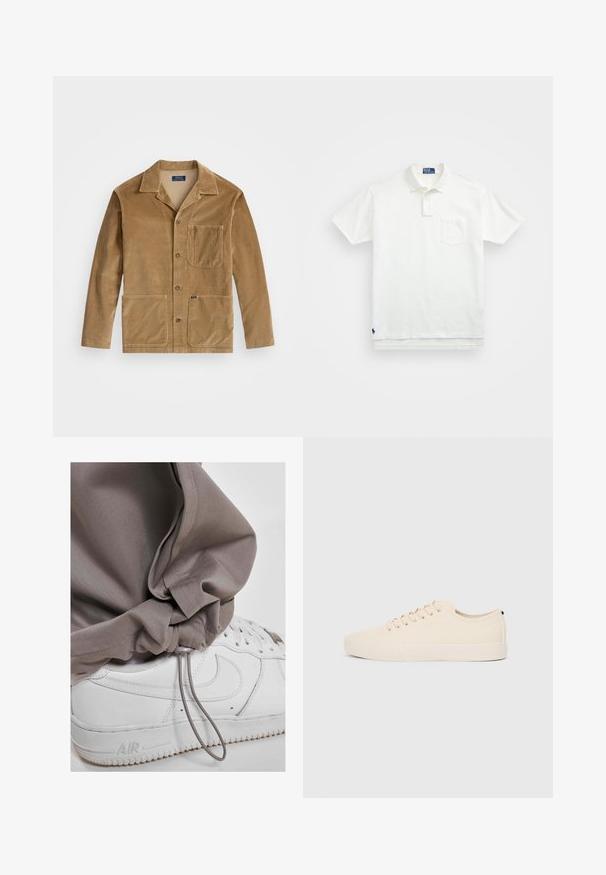 Corduroy jacket in tan with a collared neckline, front button closure, and two large pockets. Includes a chest pocket and logo detail.; White polo shirt made of cotton, featuring a classic collar, three-button placket, and a left chest pocket; small logo at the hem.; Light gray jogger pants with a drawstring cuff, paired with white sneakers featuring a textured sole and distinct logo detail.; Beige canvas sneakers with round toe, flat rubber sole, and lace-up front. Features minimal design and a contrasting black accent at the heel.